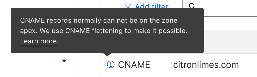Cloudflare DNS設定画面でのCNAME情報