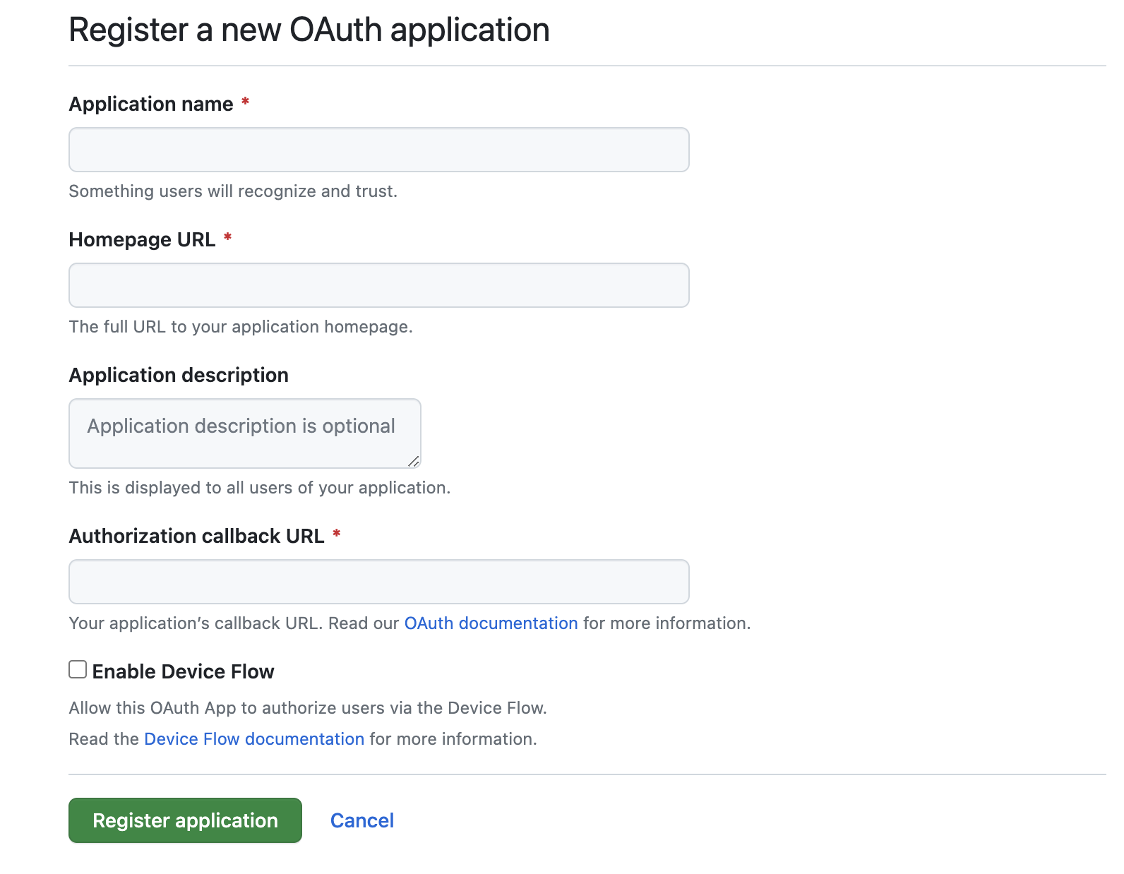 GitHubのOAuthアプリケーション設定画面