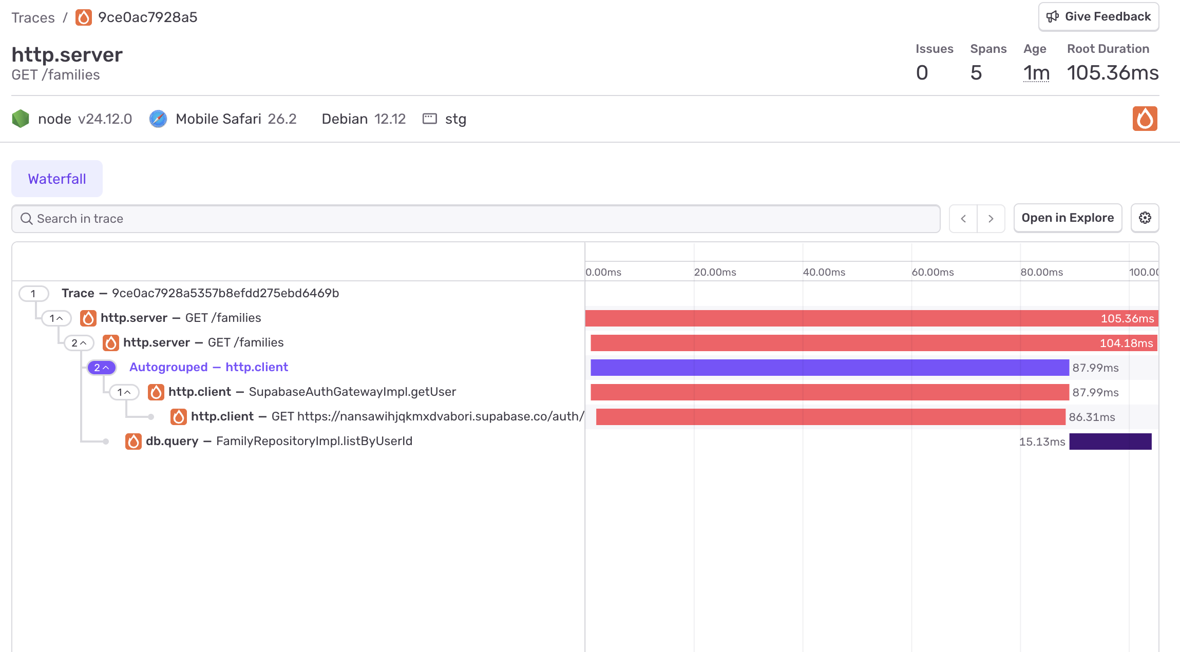 変更前:getUser が 87.99ms かかっている